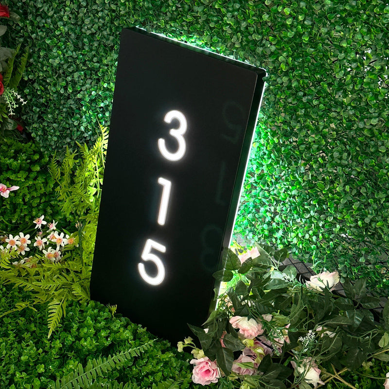 Custom vertical house number signs, address signs, illuminated house number light boxes, new home gifts, front door signs, vertical porch signs