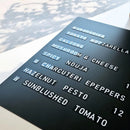 Modifiable wall & ceiling hanging menu board for bistro, restaurant, cafe & party. Custom handwritten price list display. Easy to mount and update.