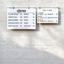 Modifiable wall & ceiling hanging menu board for bistro, restaurant, cafe & party. Custom handwritten price list display. Easy to mount and update.