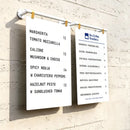 Modifiable wall & ceiling hanging menu board for bistro, restaurant, cafe & party. Custom handwritten price list display. Easy to mount and update.
